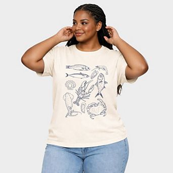 Nautical Creatures Sketched - Women's Plus Sized Garment Dyed Graphic T-Shirt
