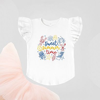 Sweet Summer Time Nautical - Girl's Flutter Sleeve Graphic T-Shirt