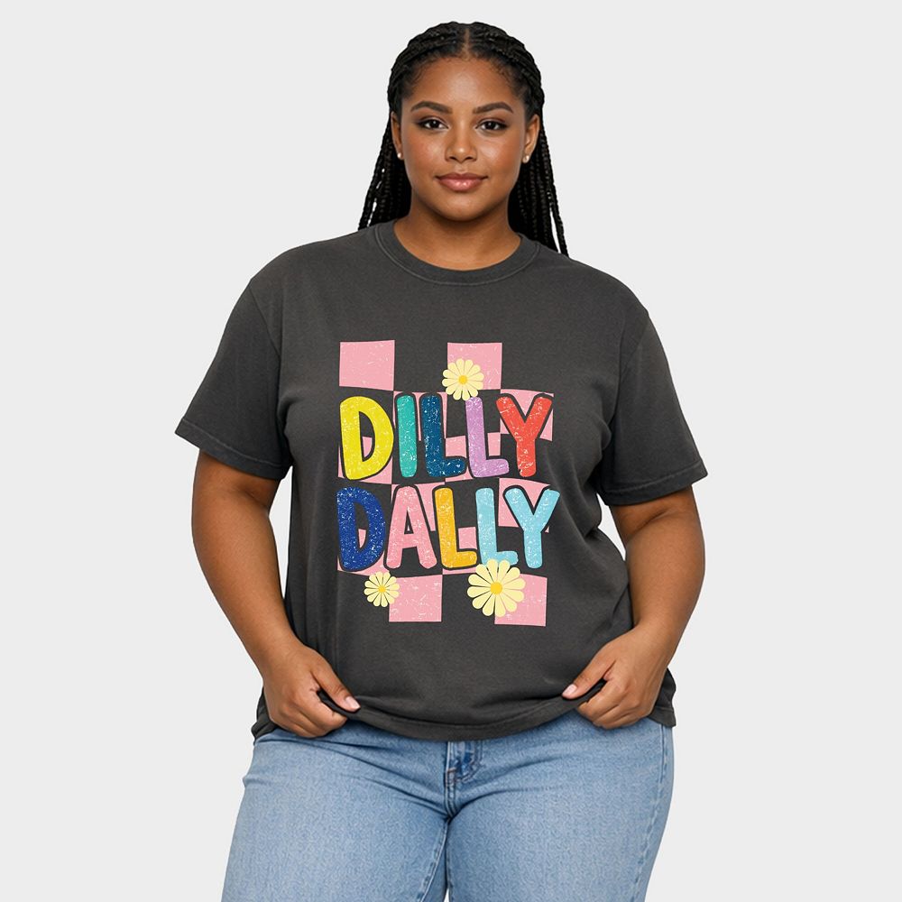 Dilly Dally Checkered - Women's Plus Sized Garment Dyed Graphic T-Shirt