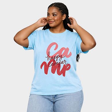 Happy Camper Cursive - Women's Plus Sized Garment Dyed Graphic T-Shirt