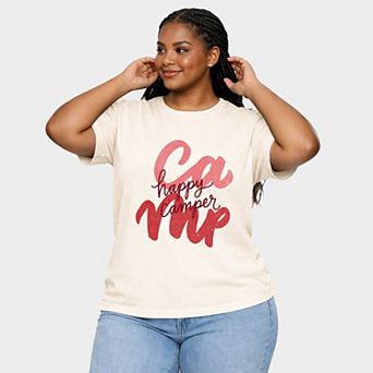 Happy Camper Cursive - Women's Plus Sized Garment Dyed Graphic T-Shirt