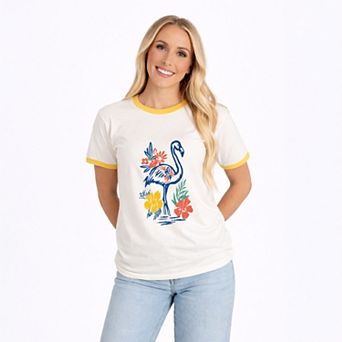 Flamingo Flowers Outline - Women's Ringer Graphic T-Shirt