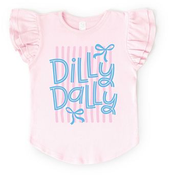Dilly Dally Stripes - Girl's Flutter Sleeve Graphic T-Shirt