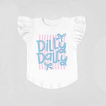 Dilly Dally Stripes - Girl's Flutter Sleeve Graphic T-Shirt