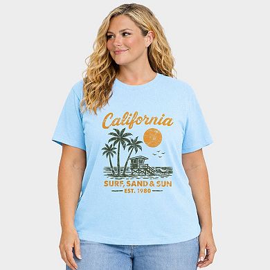 California Surf, Sand & Sun - Women's Plus Sized Garment Dyed Graphic T-Shirt