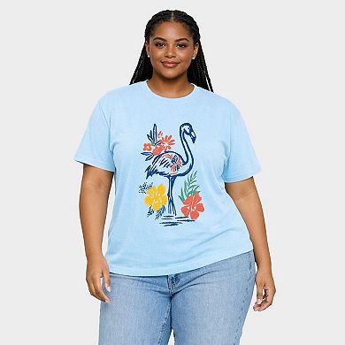 Flamingo Flowers Outline - Women's Plus Sized Garment Dyed Graphic T-Shirt