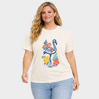 Flamingo Flowers Outline - Women's Plus Sized Garment Dyed Graphic T-Shirt