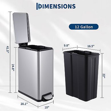 Slim Stainless Steel Trash Can - 12Gal Step-On Pedal, Soft Close Lid, Removable Inner Bucket
