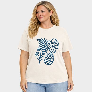 Blue Plants Outline - Women's Plus Sized Garment Dyed Graphic T-Shirt