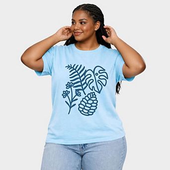 Blue Plants Outline - Women's Plus Sized Garment Dyed Graphic T-Shirt
