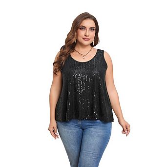 Sparkly Top For Women Plus Size Summer Fashion Crew Neck Tanks Sequin Shimmer Sleeveless Club Outfit