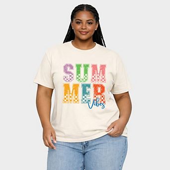 Summer Vibes Checkered - Women's Plus Sized Garment Dyed Graphic T-Shirt