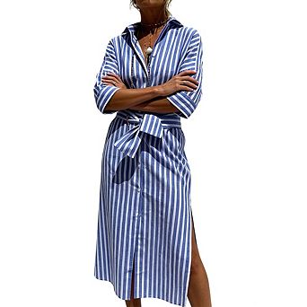 Women Striped Shirt Dress 3/4 Sleeve Button-Down Midi Dress with Waist Belt & Side Slits