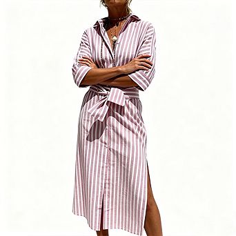 Women Striped Shirt Dress 3/4 Sleeve Button-Down Midi Dress with Waist Belt & Side Slits