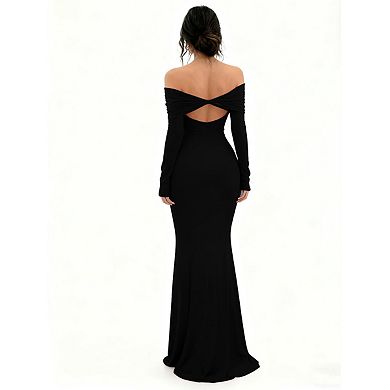Women's Elegant Bodycon Off Shoulder Sleeveless High Split Ruched Long Formal Evening Dress