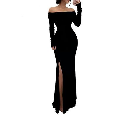 Women's Elegant Bodycon Off Shoulder Sleeveless High Split Ruched Long Formal Evening Dress