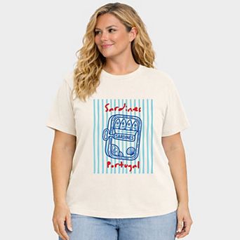 Sardines Portugal Stripes - Women's Plus Sized Garment Dyed Graphic T-Shirt