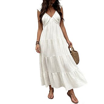 Womens Ruffle Strap Tiered Maxi Dress V Neck High Waist Elegant Casual Dresses