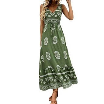 Women's Floral Print Maxi Dress V Neck Sleeveless High Waist Casual Summer Dress