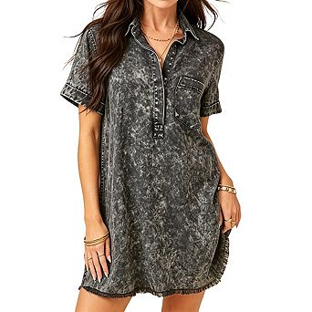 Womens Denim Shirt Dress Collared Neck Frayed Hem Casual Dresses