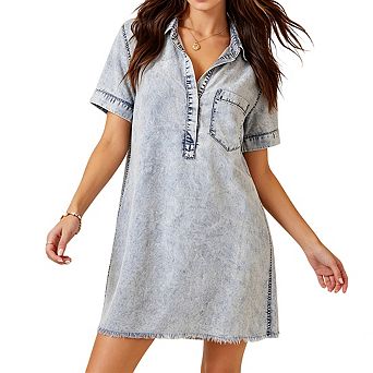 Womens Denim Shirt Dress Collared Neck Frayed Hem Casual Dresses