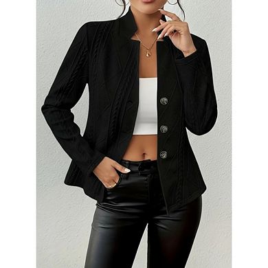 Women's Textured Knit Blazer Jacket Dressy Casual Stand Collar Button Down Slim Fit Coat