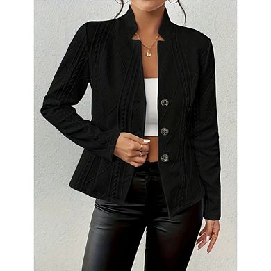 Women's Textured Knit Blazer Jacket Dressy Casual Stand Collar Button Down Slim Fit Coat