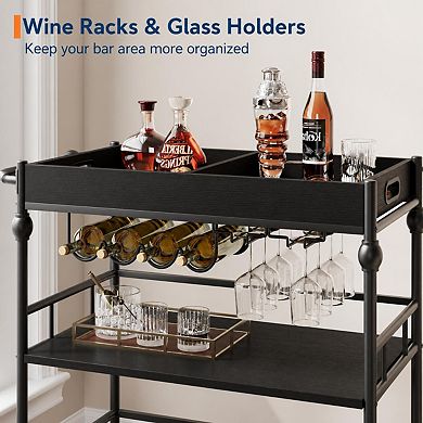 Bar Cart with Wheels, 3-Tier Serving Cart for Home, Mobile Rolling Beverage Cart with Wine Rack
