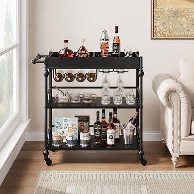 Bar Cart with Wheels, 3-Tier Serving Cart for Home, Mobile Rolling Beverage Cart with Wine Rack