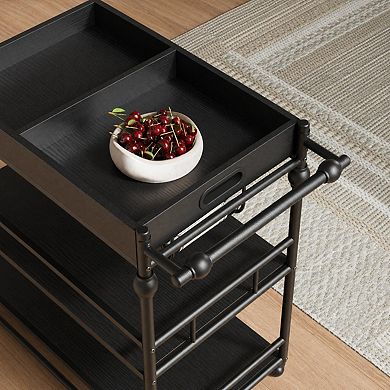 Bar Cart with Wheels, 3-Tier Serving Cart for Home, Mobile Rolling Beverage Cart with Wine Rack