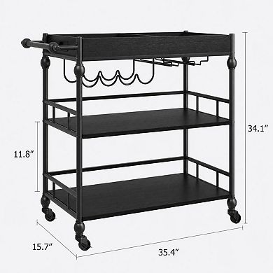 Bar Cart with Wheels, 3-Tier Serving Cart for Home, Mobile Rolling Beverage Cart with Wine Rack