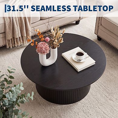 Modern Fluted Coffee Table 31.5“ Round Accent Table with Metal Frame Walnut Finish Mid-Century