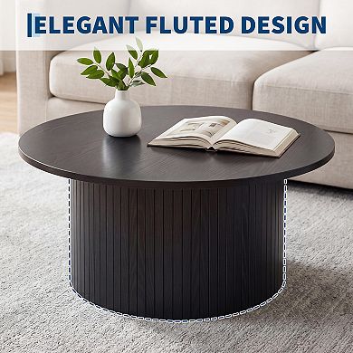 Modern Fluted Coffee Table 31.5“ Round Accent Table with Metal Frame Walnut Finish Mid-Century