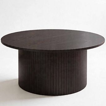 Modern Fluted Coffee Table 31.5“ Round Accent Table with Metal Frame Walnut Finish Mid-Century