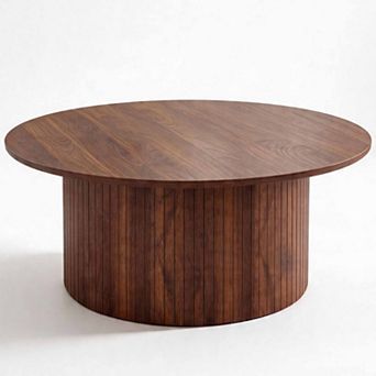Modern Fluted Coffee Table 31.5“ Round Accent Table with Metal Frame Walnut Finish Mid-Century