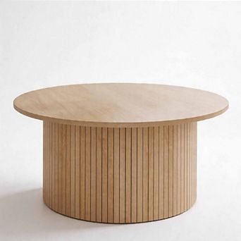 Modern Fluted Coffee Table 31.5“ Round Accent Table with Metal Frame Walnut Finish Mid-Century