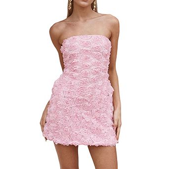 Womens 3D Floral Bustier Mini Dresss Off Shoulder Strapless Bodycon Dress Tube Top Cocktail Party