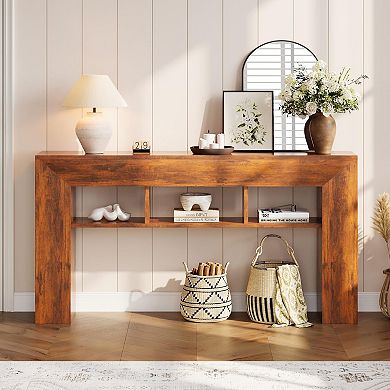 63" Farmhouse Entryway Table, 3 Shelves, Behind Couch, Wood
