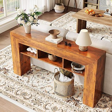 63" Farmhouse Entryway Table, 3 Shelves, Behind Couch, Wood