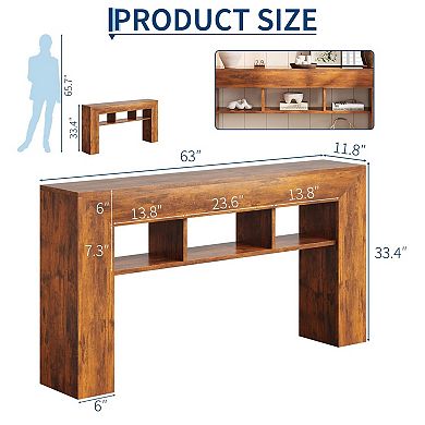 63" Farmhouse Entryway Table, 3 Shelves, Behind Couch, Wood