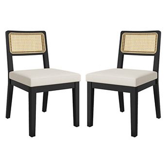 Rattan Dining Chairs Set of 2, French Country Kitchen Chairs with Wooden Legs, Mid Century