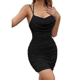 Womens Ruched Mini Bodycon Dresses Summer Backless Cowl Neck Spaghetti Cocktail Party Club Dress