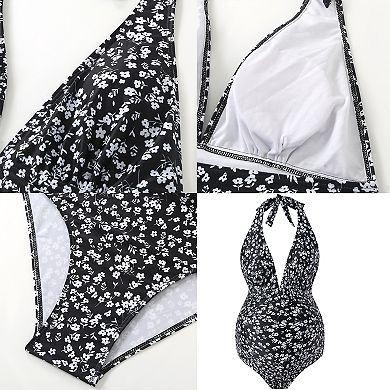 Maternity 1-Piece Swimsuit Halter V Neck Floral Print Ruched Pregnancy Bathing Suit
