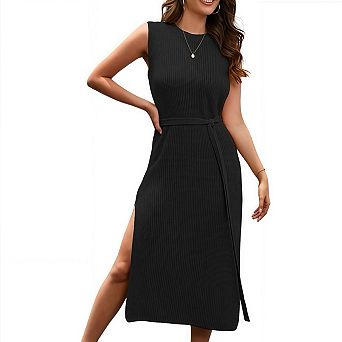 Crew Neck Knitted Base Dress with Slit for Women Fashion Commute Long Dress