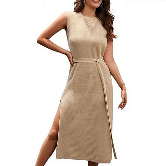 Crew Neck Knitted Base Dress with Slit for Women Fashion Commute Long Dress
