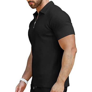 Men’s Zip Up Polo Shirt Short Sleeve Casual Stretch Polo Top