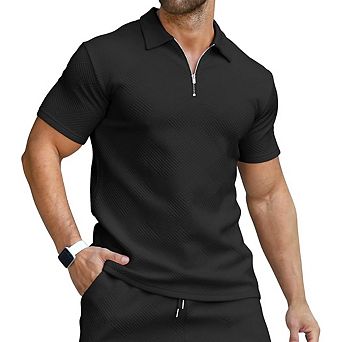 Men’s Zip Up Polo Shirt Short Sleeve Casual Stretch Polo Top