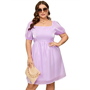 Plus Size Square Neck Puff Sleeve Mini Dress, Smocked Back A Line Flowy Dress, Casual Summer Dresses