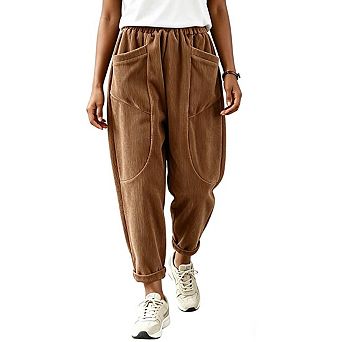 Womens High Waist Barrel Leg Casual Corduroy Pants With Pockets