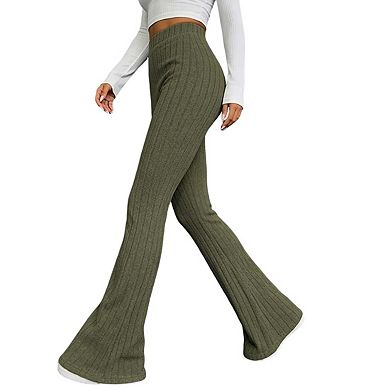 Womens Pants Ribbed Knit Bell Bottom Pants Elastic Waist Casual Pants